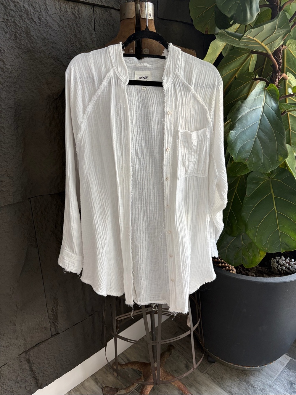 Aerie Eve White Textured Button-Up Shirt - Lightweight  Shirt